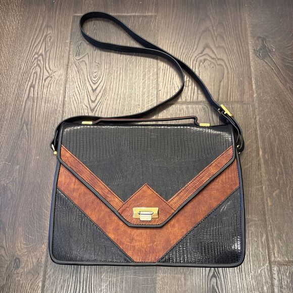 Roche Handmade Black & Brown Lizard Leather Convertible Handbag Briefcase - Picture 1 of 12